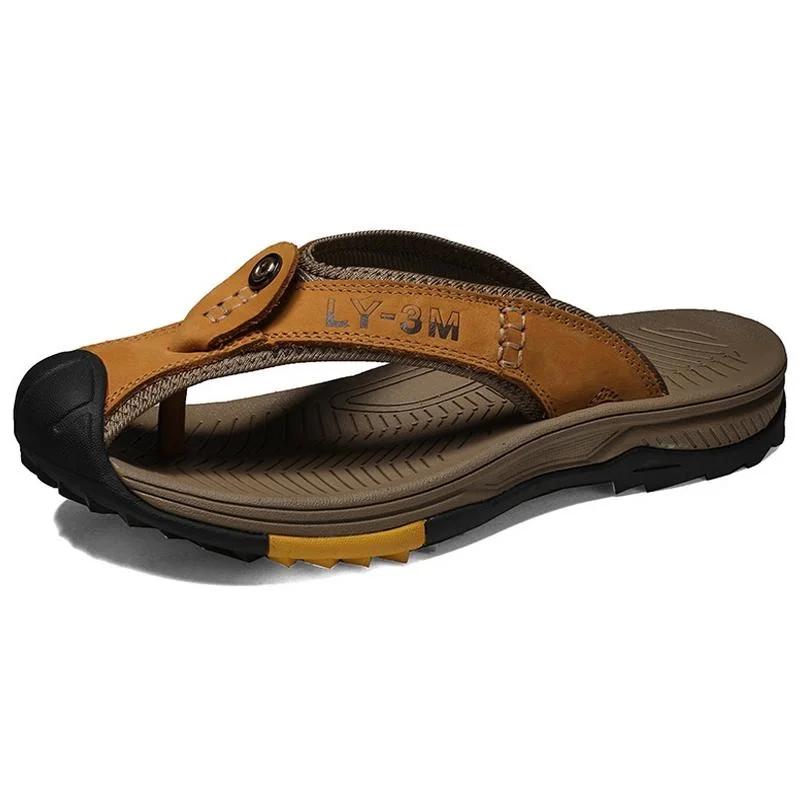 

Men Genuine Leather Slide Sandals Male Wear-resistant Clip-on Beach Slippers Men Outdoor Non-slip Flip Flop for Seaside Vacation 46 золотий жовтий колір