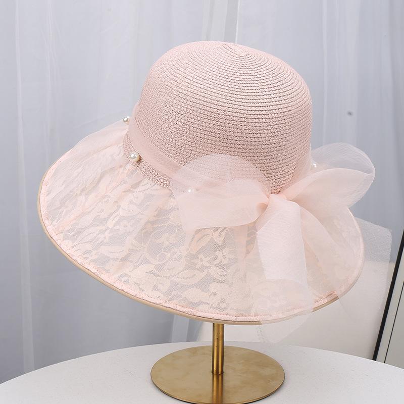 New lace mesh bow mesh hat women's breathable hollow sunshade straw hat seaside vacation sunscreen hat