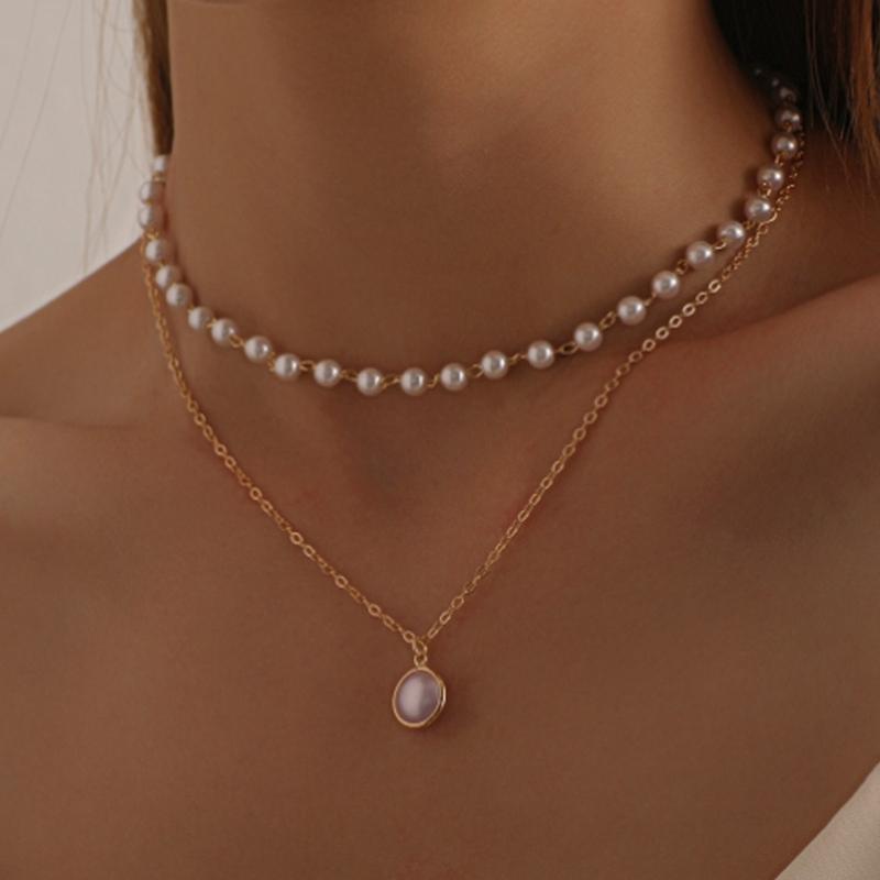 Multi Strands Imitation Pearls Pendant Necklace for Women Length Adjustment Clavicle Chain Everyday Wear Jewelry