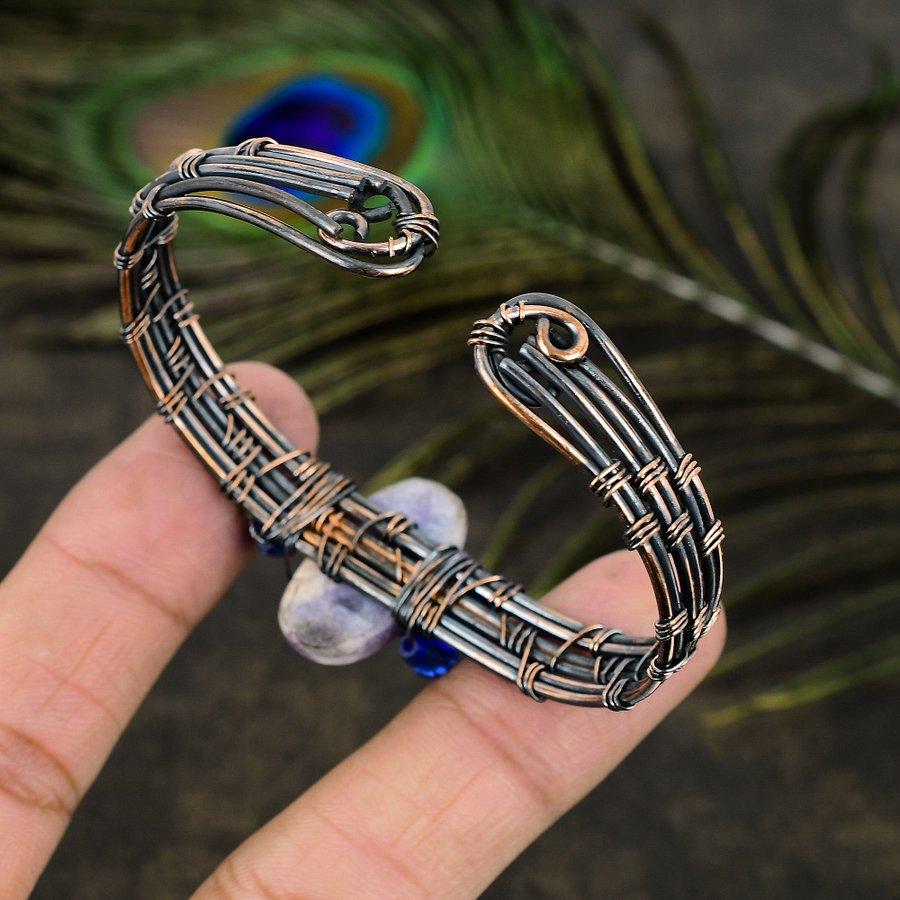 Natural Russian Charoite Gemstone Copper Wire Wrap Cuff Bangle Adjustable D5t54