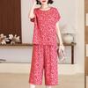 Plus Size Women Two Peice Sets Summer Loose Elegant High Waist Pant Sets Female Casual Vintage Print Oversize Suit
