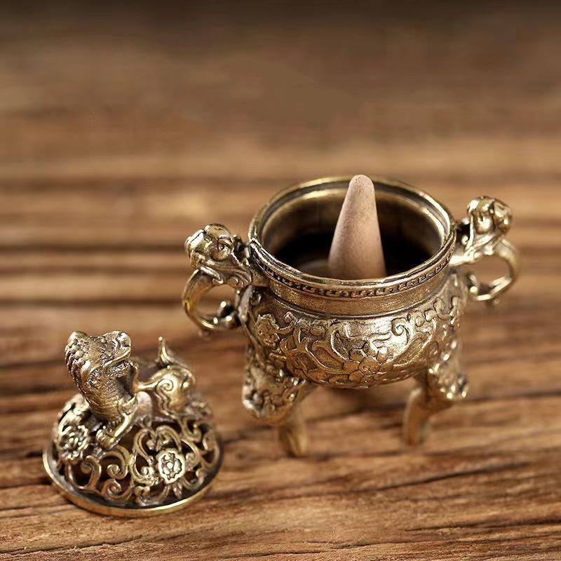 Antiker Räucherbrenner Buddhistischer Mini Kirin Räucherkessel Retro Kupfer Sandelholz Räucherstäbchenhalter Ornament Heim Büro Dekoration