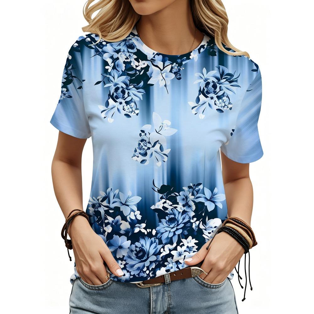 Summer Fashion Women's Blue Gradient Floral Print Round Neck T-shirt