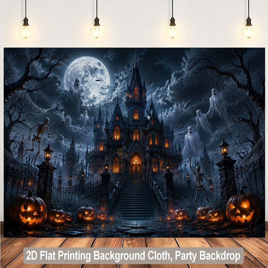 1 piece of 2D flat background fabric Halloween pumpkin lantern and castle ghost background fabric wooden board wallzyc