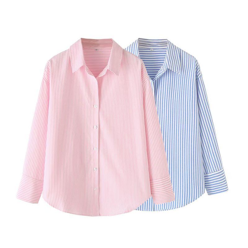Jnleaog New Fall Women's Clothing Fashion French Style Design Fashion All-Match Casual Style Stripes Poplin Shirt