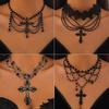 Gothic Dark Cross Necklace for Women - Punk Crystal Beaded Tassel Choker