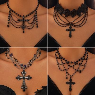 Gothic Dark Cross Necklace for Women - Punk Crystal Beaded Tassel Choker