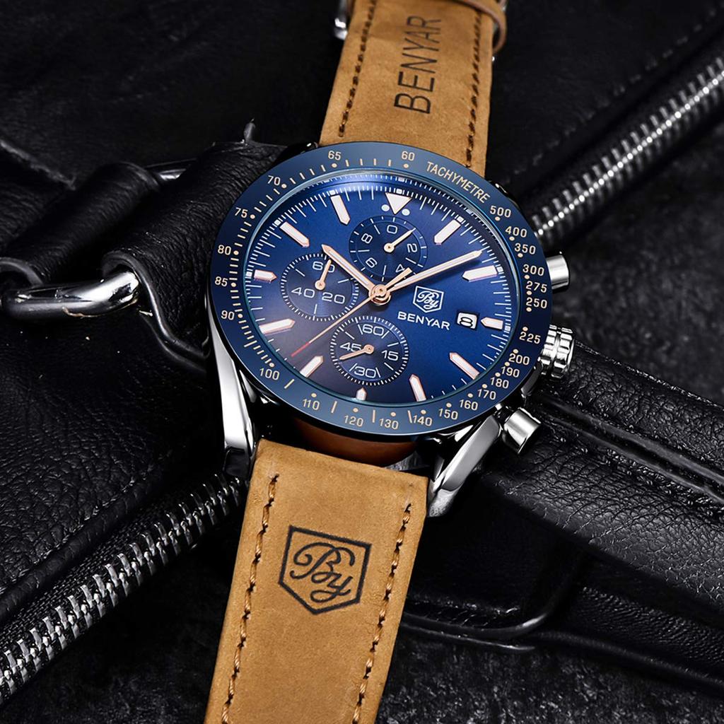 VON BENYAR Analog 30M Wasserdicht Leder Quarz Geschenk für Männer Herrenuhr, Chronograph, Uhr, Widerstandsfähig, Business, Einfach, Stilvoll, Beliebt, Formell, Armband,
