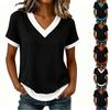Women's Casual Color Block V Neck Short Sleeve T Shirt Top Lightweight Soft Fabric Relaxed Fit Layered Hem Design