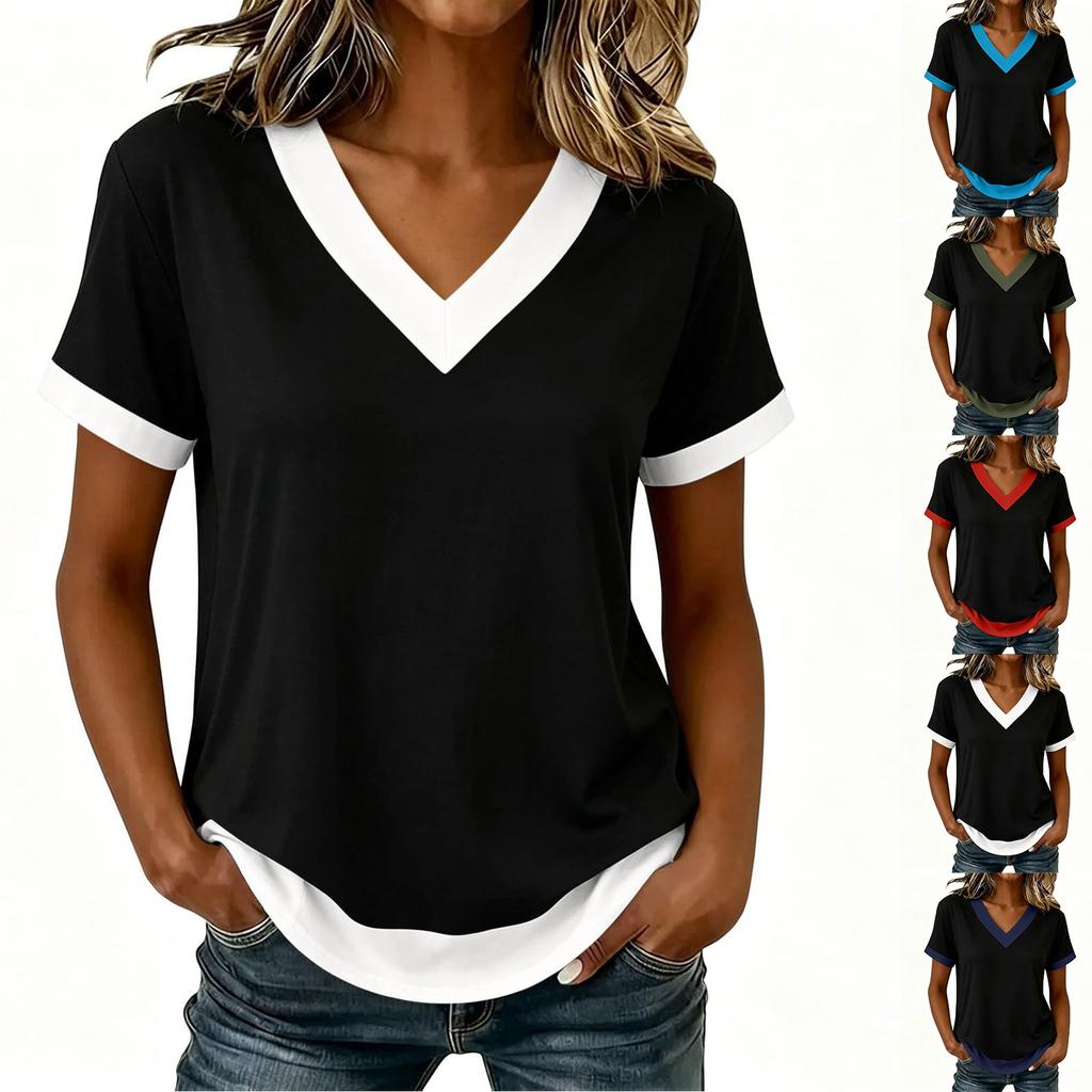 Women's Casual Color Block V Neck Short Sleeve T Shirt Top Lightweight Soft Fabric Relaxed Fit Layered Hem Design