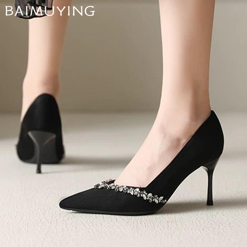 Suede Shallow Women Shoes Crystal Pointed Toe High Heels Elegant Pumps 2025 Trend Fashion Dress Party Winter Mujer Zapatillas