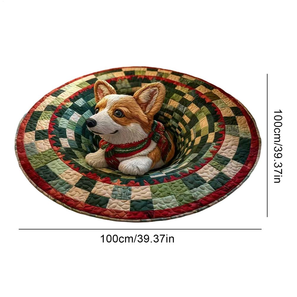 Flat 3D Visual Effects Santa Claus Carpet Doggy Gnome Pattern Quilted Round Mat 40in Christmas Decorations Rug Home Decor