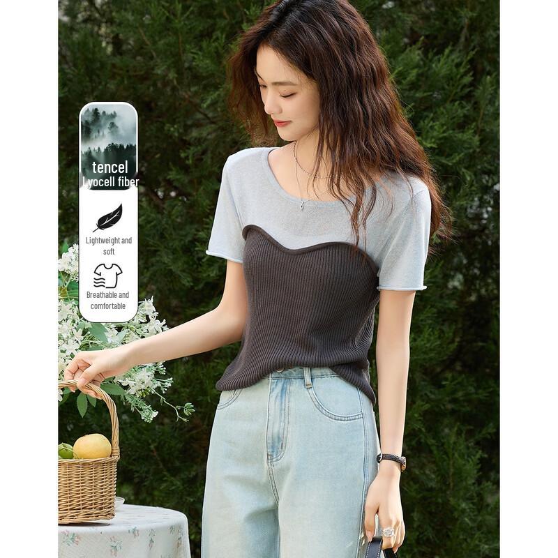 Demana Women's Color Block Knit Short Sleeve Top