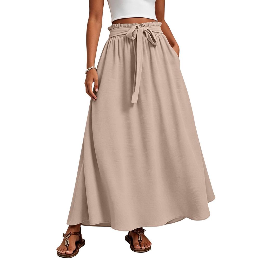 Women's High-Waisted Flowy A-Line Skirt With Tie-Waist, -Color Summer Dress With Elastic Waistband