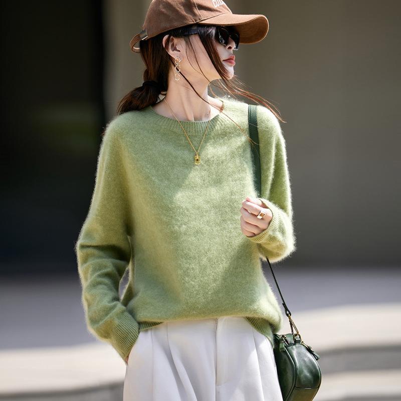 Women's Brushed Wool Round Neck Sweater - Autumn/Winter Cozy Cashmere Base Layer, Loose Fit, Lazy Style