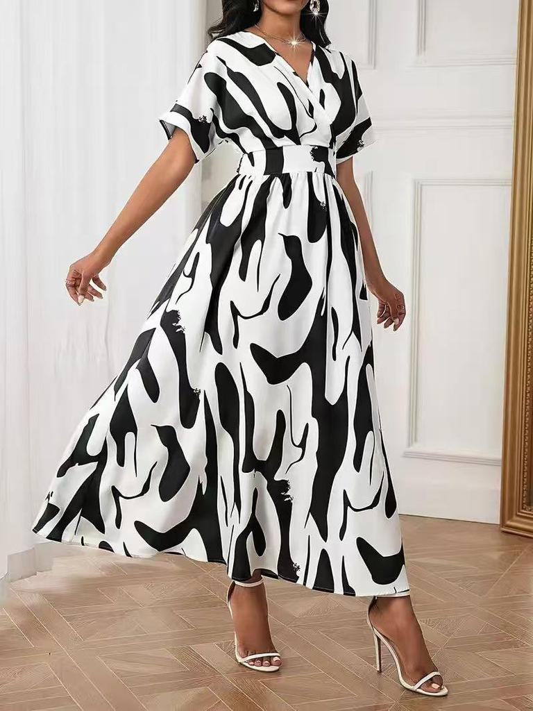Elegant V-neck Waist-cinching Digital Print Women's Dress