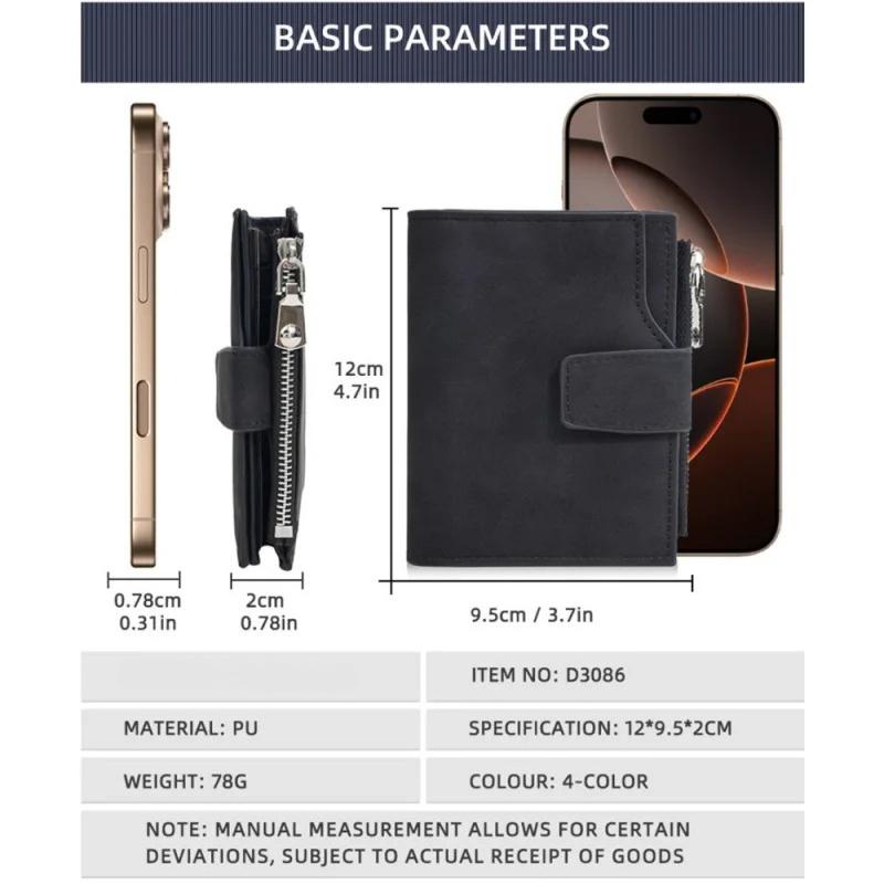 Men Tirfold Short Wallet Multi-Slot Money Clip Simple Vertical Zipper Card Holder Purse