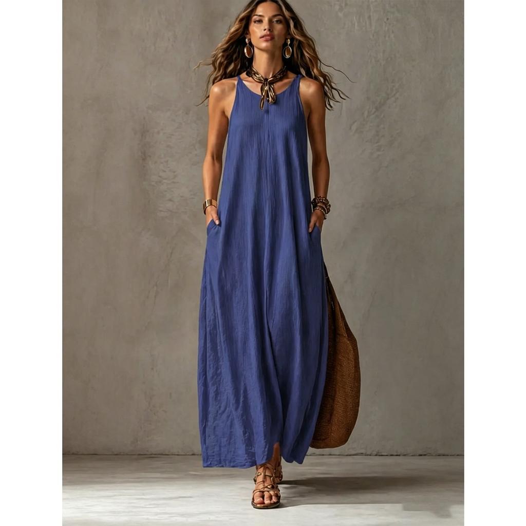 Women's Sleeveless Halter Neck Maxi Dress Loose Fit Solid Casual Long Dress