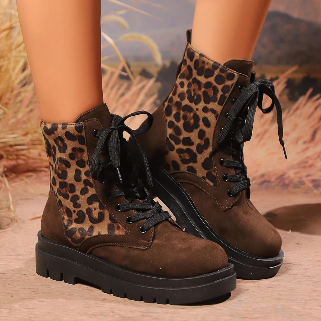 Fashion Women Shoes New High Quality Cross-tied Women Boots Fashion Leopard Print Casual Boots Women Fashion Round Toe Mid-Calf Boots