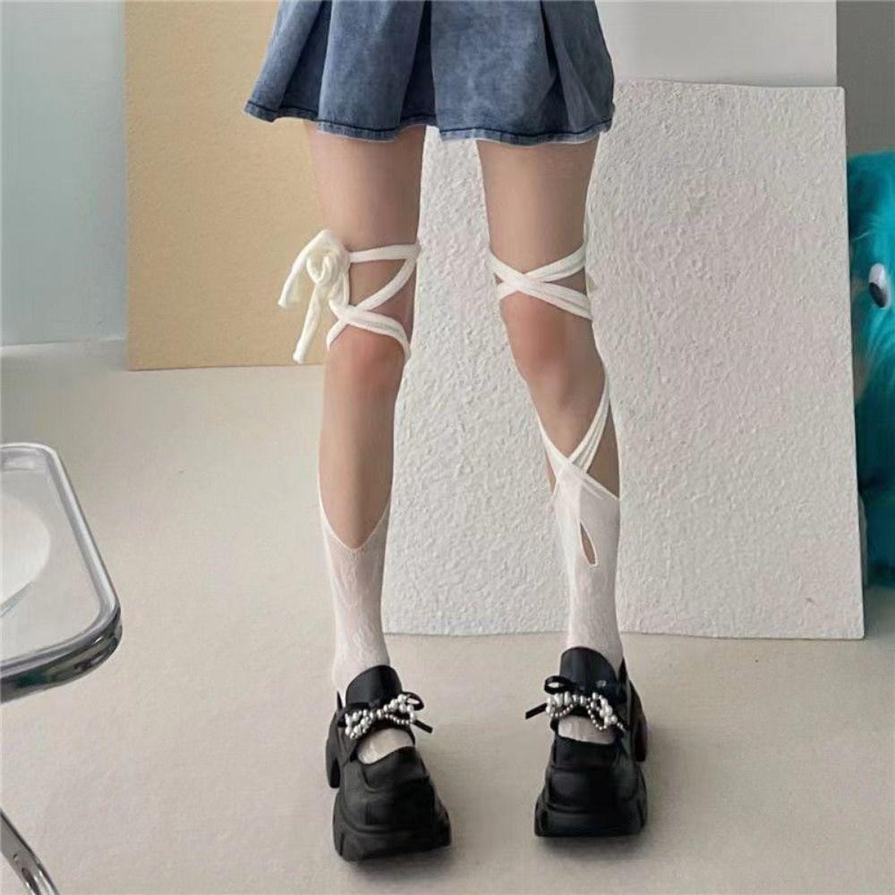 2Pairs Irregular Straps JK Lace-up Stockings Hollow Split Toe Socks  Ladies Girl