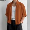 INCERUN Oversized Men Lapel Neck Short Sleeve Cropped Casual Loose Shirts