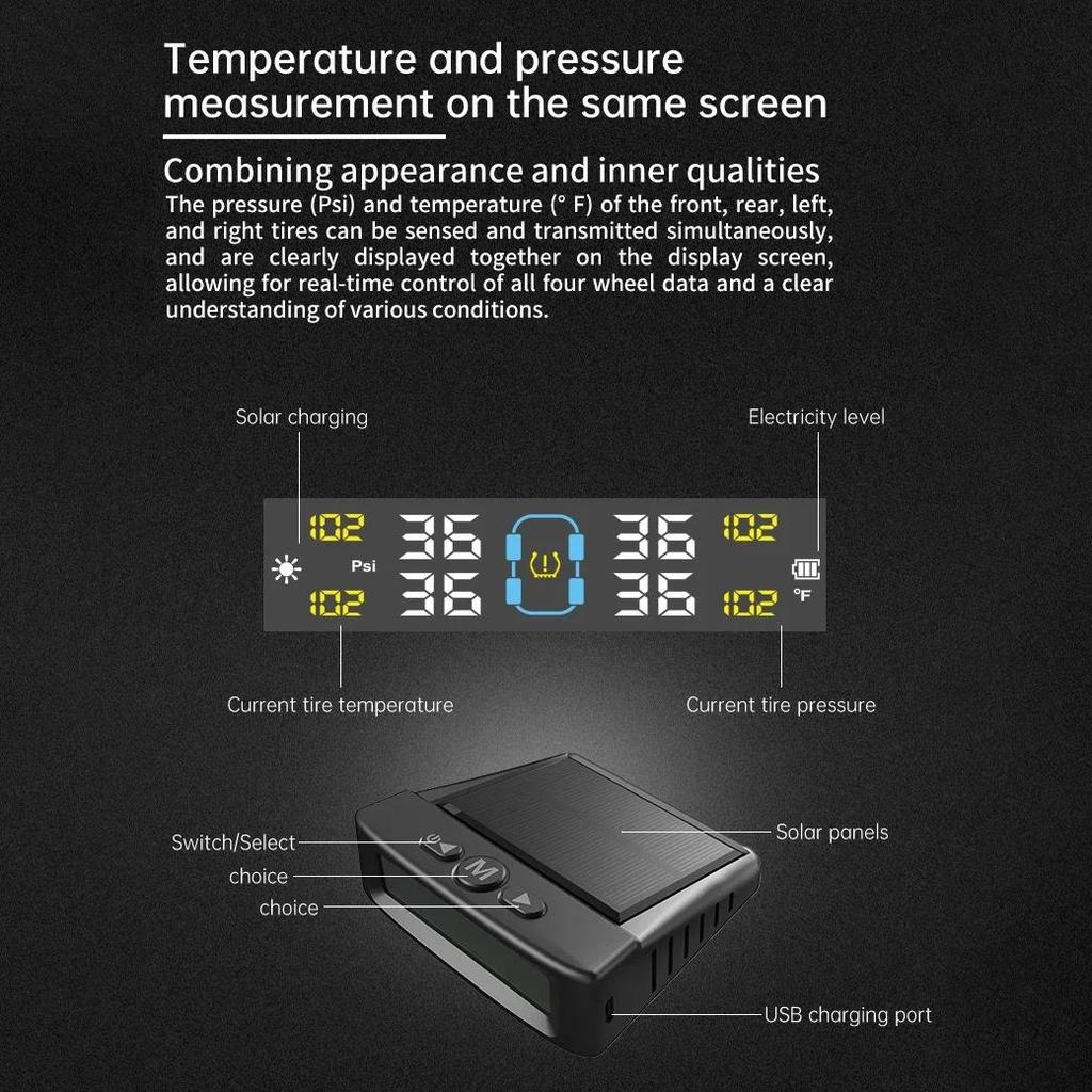 Tire Pressure Monitoring System Car Safety Alarm Wireless Solar/USB Powered 4/6 Sensors Color Digital Display For Caravan TruckTire Pressure