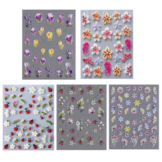 Flower Nail Art Sticker Self-adhesive DIY Home Salon Summer Floral Plants Ladybird 5D Embossed Women Fake Nail Decoration Decal