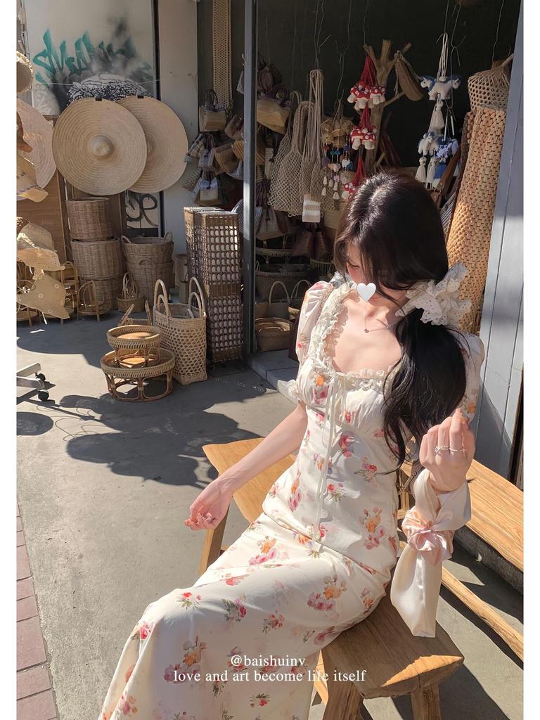 White Tower Women's Elegant Fairy Style Lace Dress - Summer/Autumn Korean Chic Long Dress