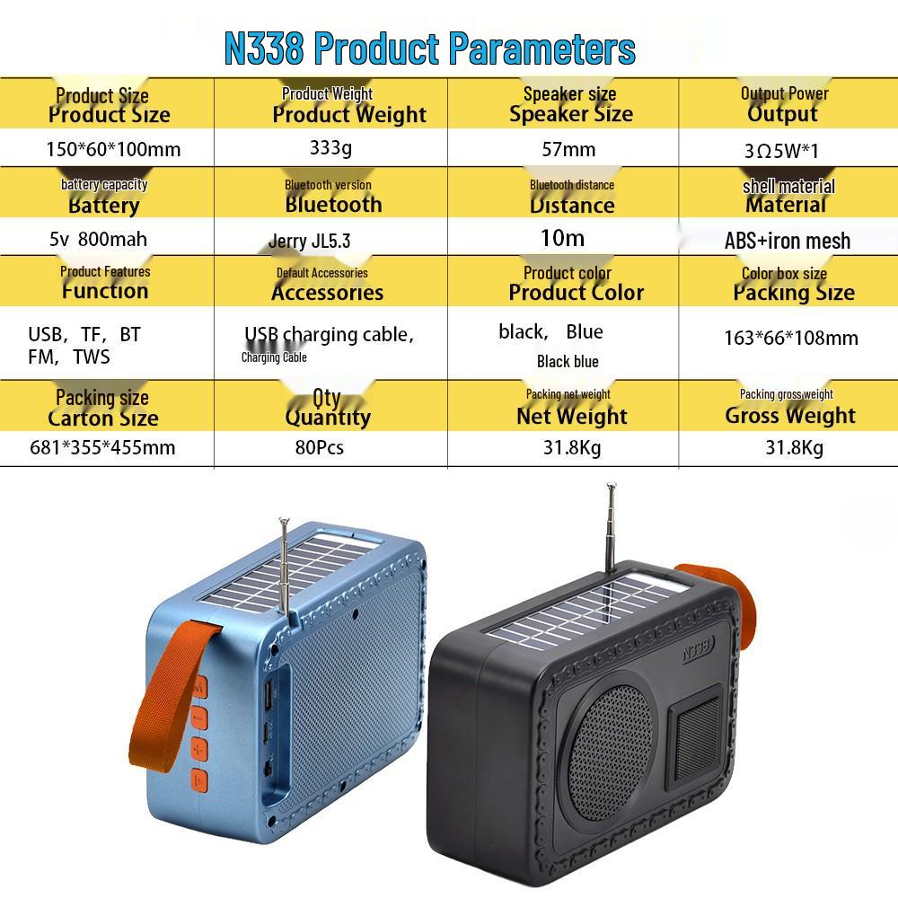 Solar-Powered Wireless Bluetooth Speaker with USB and Card Slot
