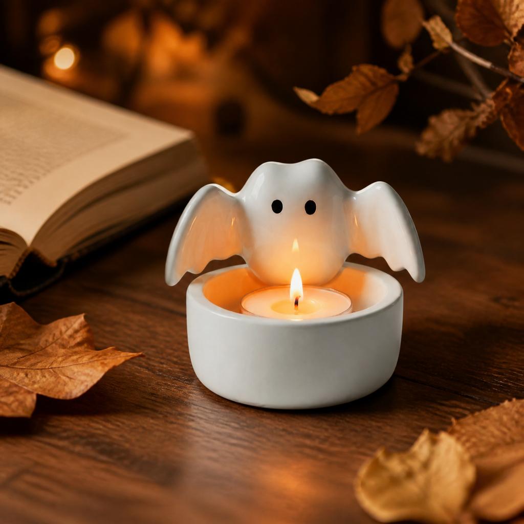 Ceramic Bat Candle Holder Ghost Shaped Home Decor Ornament for Aromatherapy Tealight Tabletop Decoration Halloween Party