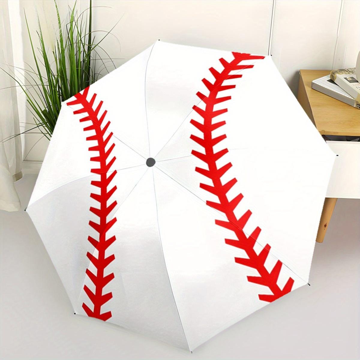 Automatic Folding Umbrella with Baseball Stitching Pattern - Portable Collapsible Design, 8-Rib Durable Frame, White with Red