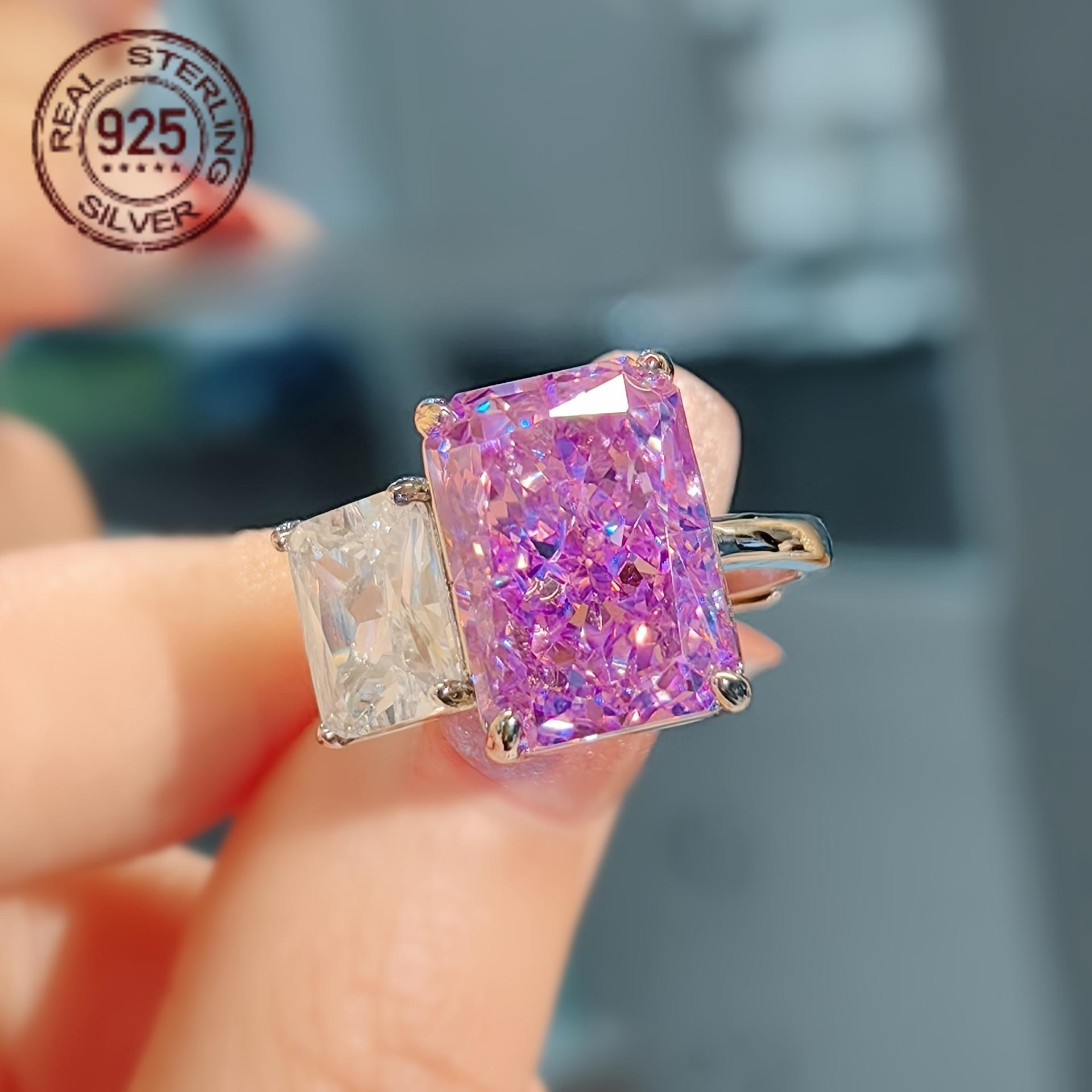 

New Trendy Double High Carbon Amethyst Zircon 925 Silver Ring for Women Wdding Engagement White Gold Plated Fine Jewelry resizable&Platinum Plated фиолетовый