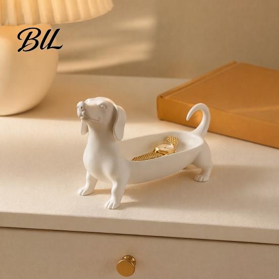 Desktop Storage Organizer Dachshund Jewelry Tray, Decorative for Rings Earrings And Keys, Office Desk Stationery Holder Cute Resin Animal Figurine
