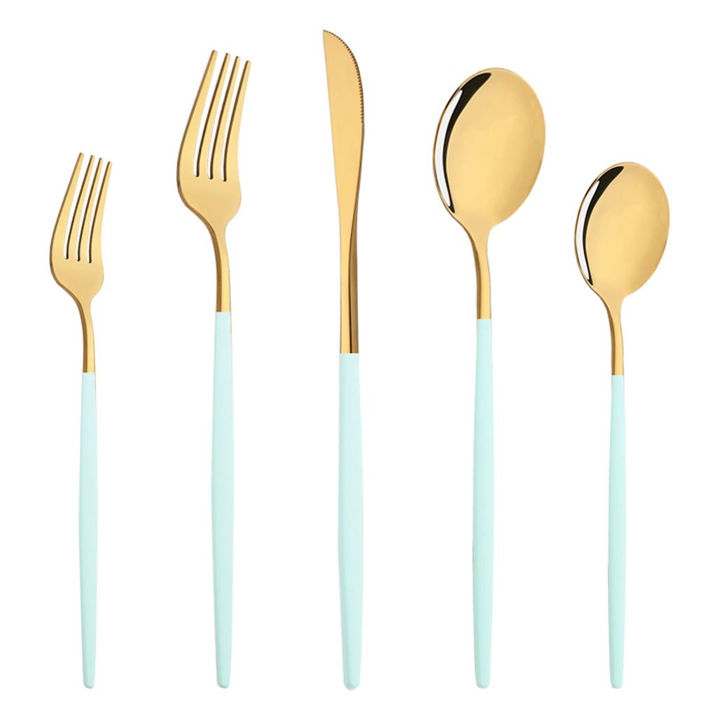 Blue Gold 5 bucăți set de tacâmuri argintărie tacâmuri cuțit desert furculiță lingură veselă din oțel inoxidabil set tacâmuri ustensile portabile pentru mâncare