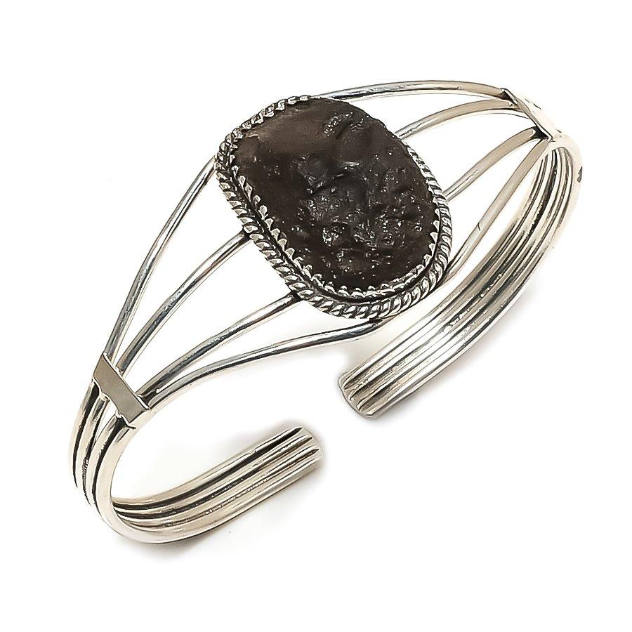 Молдавит Кварц Этнический 925 Стерлинговое Серебро Браслет-манжета Регулируемый N6l42