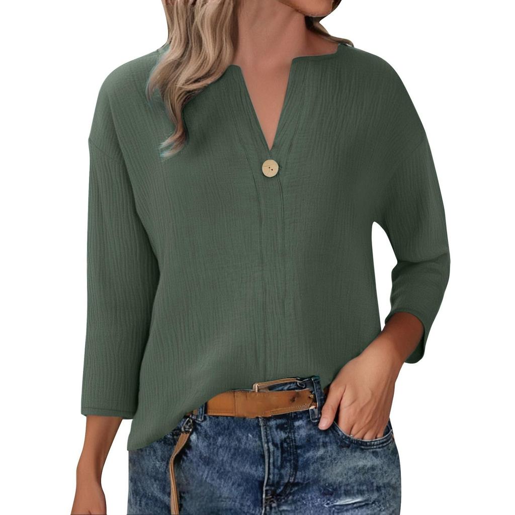 Womens 3/4 Sleeve Summer Tops Cotton Shirts Plus Size Loose Fit Button V Neck Blouses