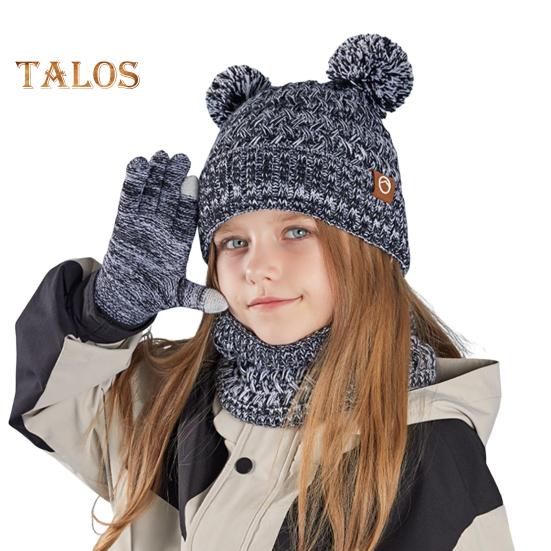 Kids Winter Hat Gloves Scarf Set Cold Weather Knitted Bear Hat with Pom Fleece Lined Neck Warmer Mitten Set for Girls Boys Ages 4-10 Outdoor
