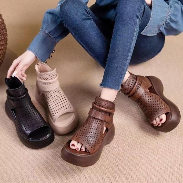 Foreign Trade Large Size Spring and Summer Muffin Thick Sole Heightening Sandals Women's Fashion Versatile Outer Wear Hollow Roman Cool Boots Women