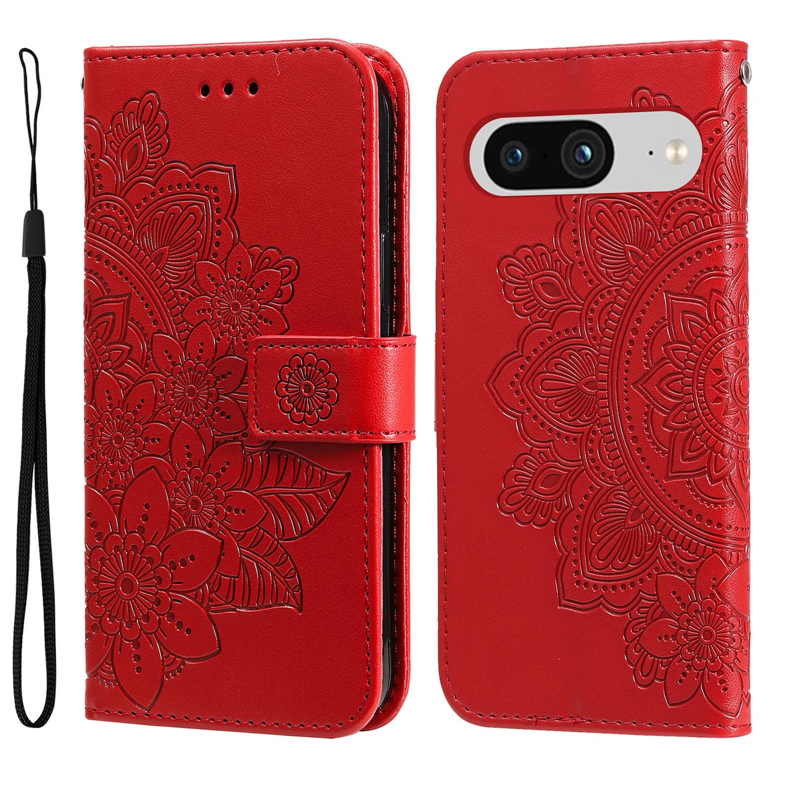 

For Google Pixel 8 Case Floral Pattern PU Leather Wallet Stand Phone Cover Red