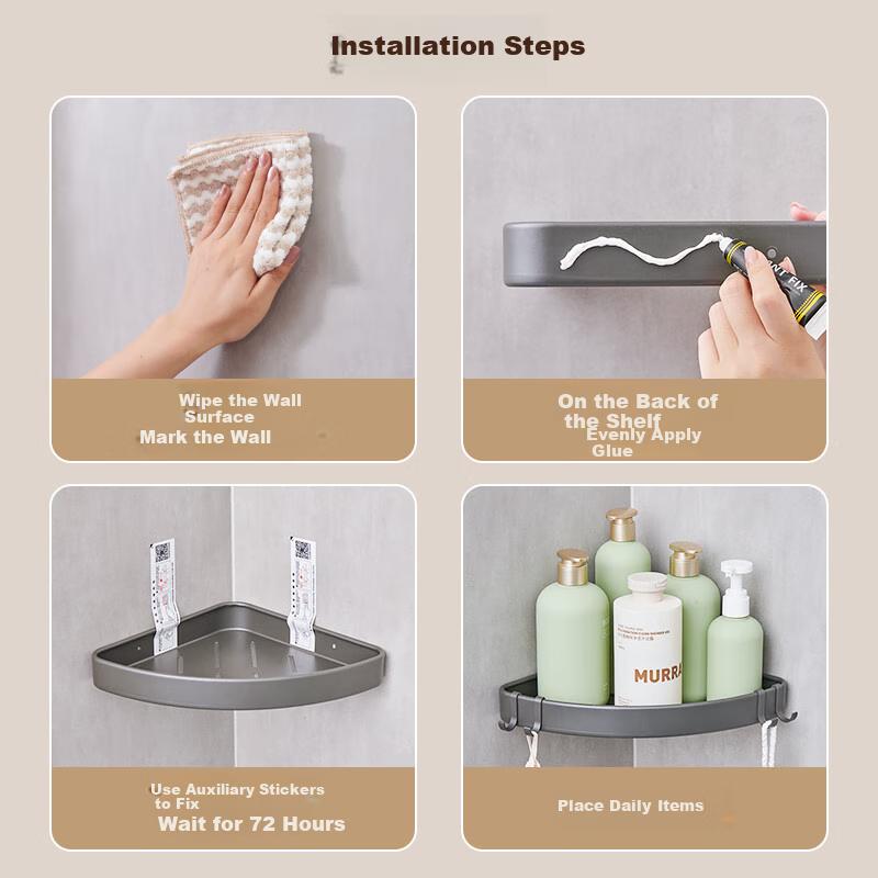 Ecoco No-Drill Bathroom Corner Shelf, Wall-Mounted Washroom Storage Rack, E24018 Gray