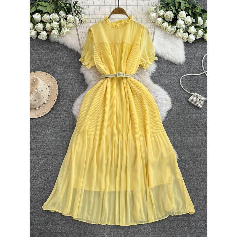 Spring and Autumn New Arrival French Style Retro round Neck Short Sleeves Chiffon Dress Women's Tight Waist Slim Looking Elegant Pleated Midi Dress
