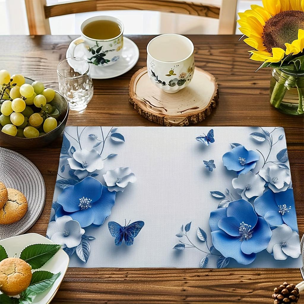 1pc Placemat Set for Dining Table, Blue Relief Flowers Popular Home Placemats, Holiday Decoration Rustic Vintage Table Mats