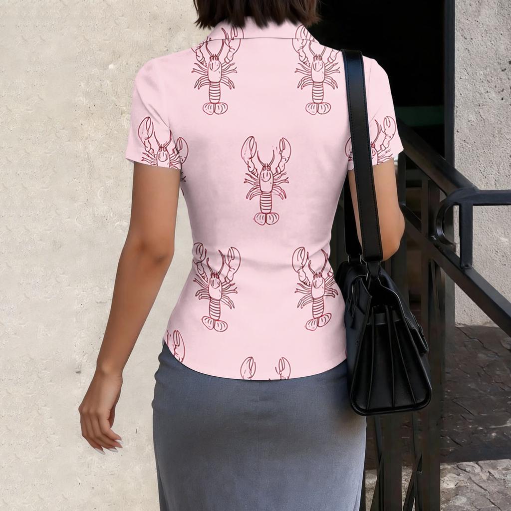 Women's Short Sleeve Button Down Shirt Slim Fit Lobster Print Collared Summer Blouse Lightweight Casual Top for Daily Wear