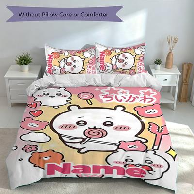 3pcs Custom Name Chiikawa Set,Includes 1 Duvet Cover and 2 Pillowcases,All-season Bedroom Decor
