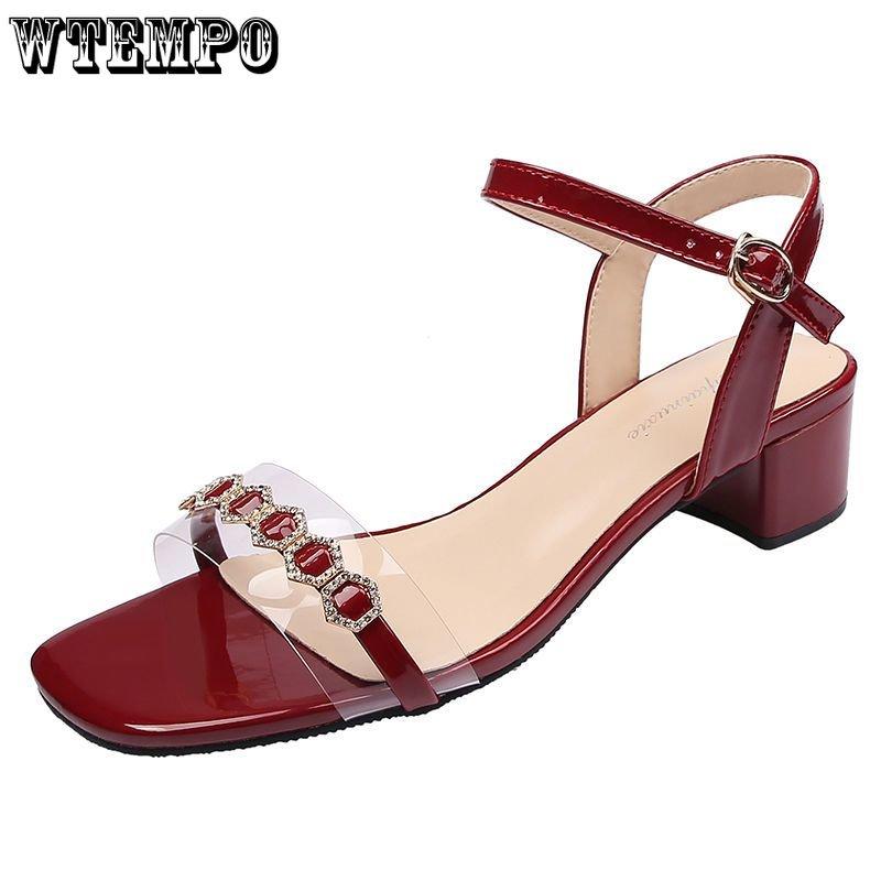 Women's Fashion High Heel Sandals Summer Leather Low Heel Simple Sexy Square Head Fairy Wind Sandals | Sequins Rhinestones A Buckle | PU Material