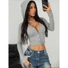 Autumn Spring Gray Hooded Short Knitted Cardigan Deep V Neck Slim Fit Crop Top Urban Hot Girl Top