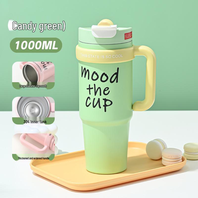 

High-value Ice King Insulated Stainless Steel Car Cup with Handle - Large Capacity, Cold-Preserving Straw Coffee Cup 1000ml