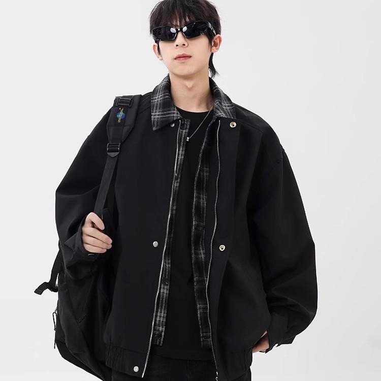 

2025 Men s Spring/Autumn Patchwork Plaid Workwear Jacket - Trendy Baseball Style XL чёрный