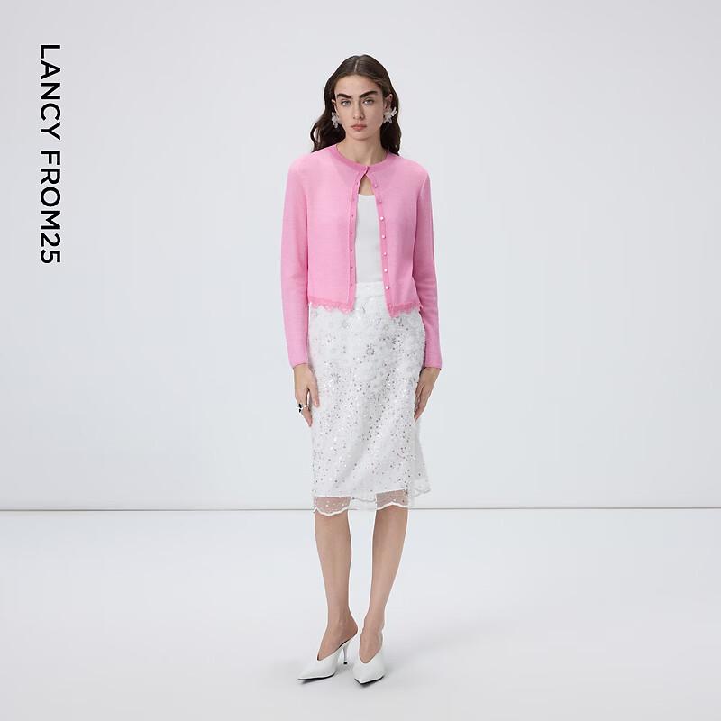 Lanzhi Women's Elegant Round Neck Lace Trim Knit Cardigan