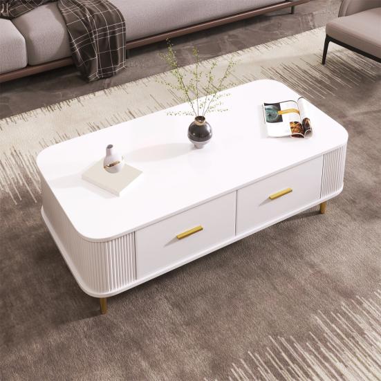 Coffee Table Golden Handles with Two Drawers Large Storage Space Curved Corners Wavy Side Storing MDF Rectangle Shape Tea Table Home